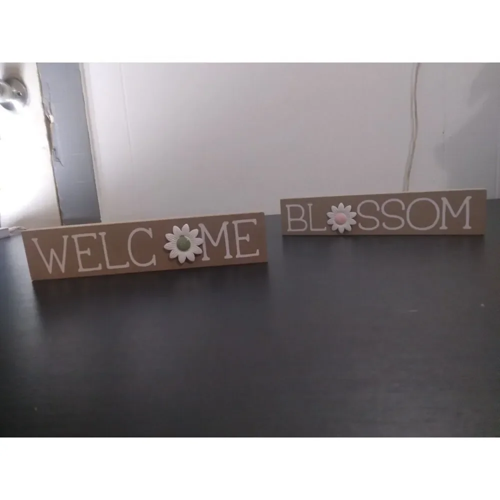 Spring Welcome + Blossom Box Sign Wooden Desk Decor